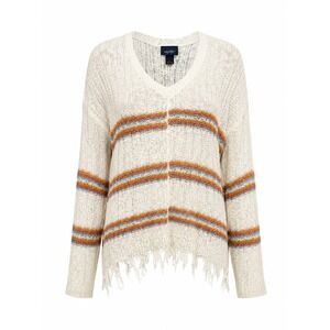 Daytrip Womens Striped V-Neck Open Knit Distressed Frayed Hem Sweater Cream L